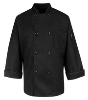 RED KAP® CHEF DESIGNS® EIGHT PEARL BUTTON BLACK CHEF COAT. KT76 - Special Order - Feature Item