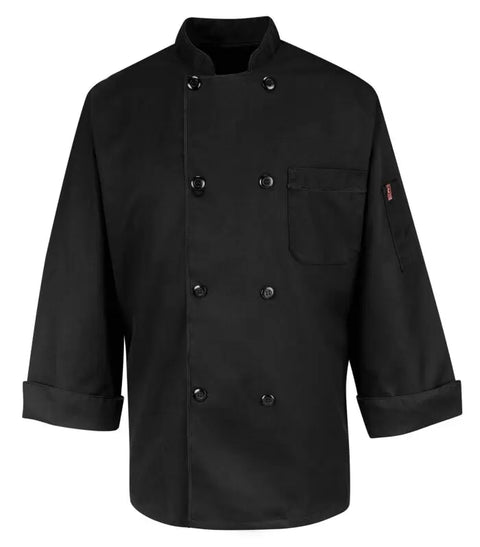 RED KAP® CHEF DESIGNS® EIGHT PEARL BUTTON BLACK CHEF COAT. KT76 - Special Order - Feature Item