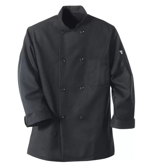 RED KAP® CHEF DESIGNS® EIGHT PEARL BUTTON BLACK CHEF COAT. KT76 - Special Order - Feature Item